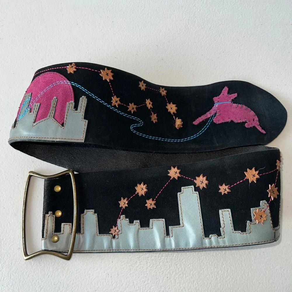 Anthropologie Wide Leather Cityscape Belt Size Medium
